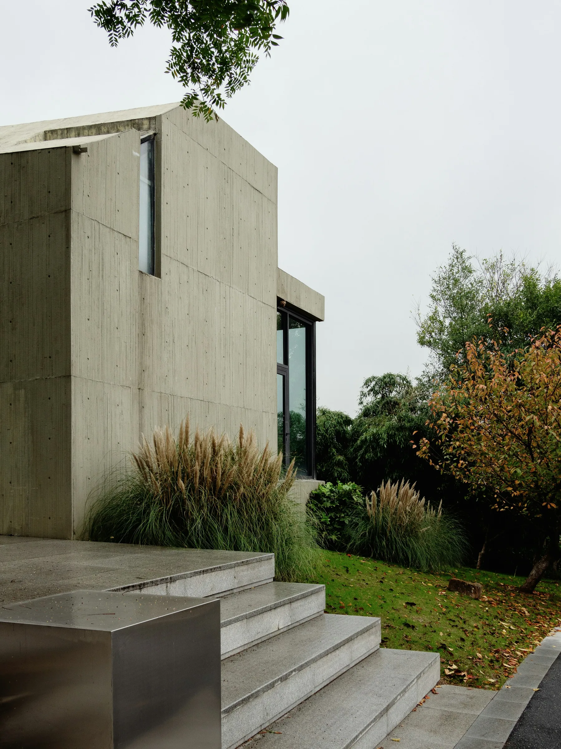 Illustrative board-formed concrete residence with ornamental grasses