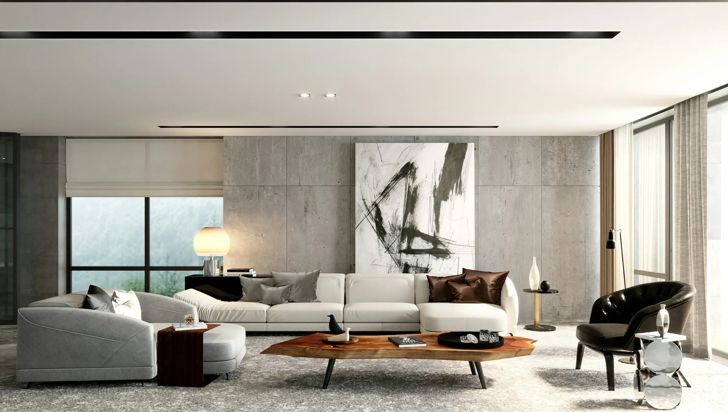 Illustrative modern living room with concrete feature wall